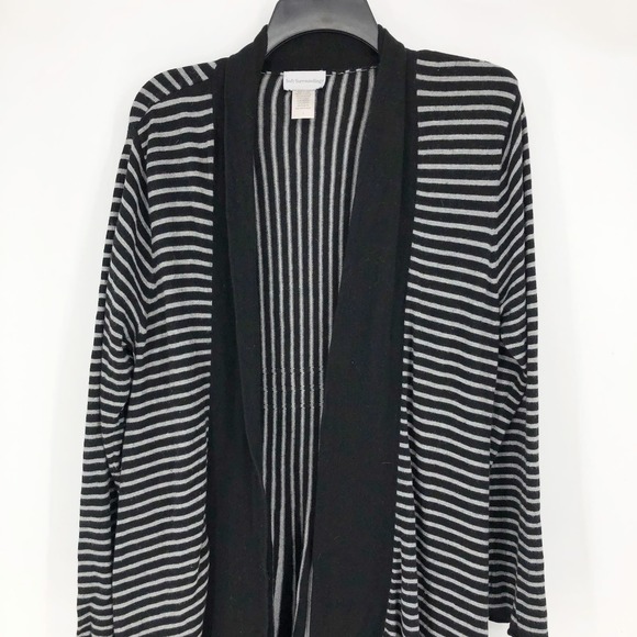 Soft Surroundngs Womens Cardigan Sweater Large Cashmere Angora Knit Black Stripe - Picture 1 of 6
